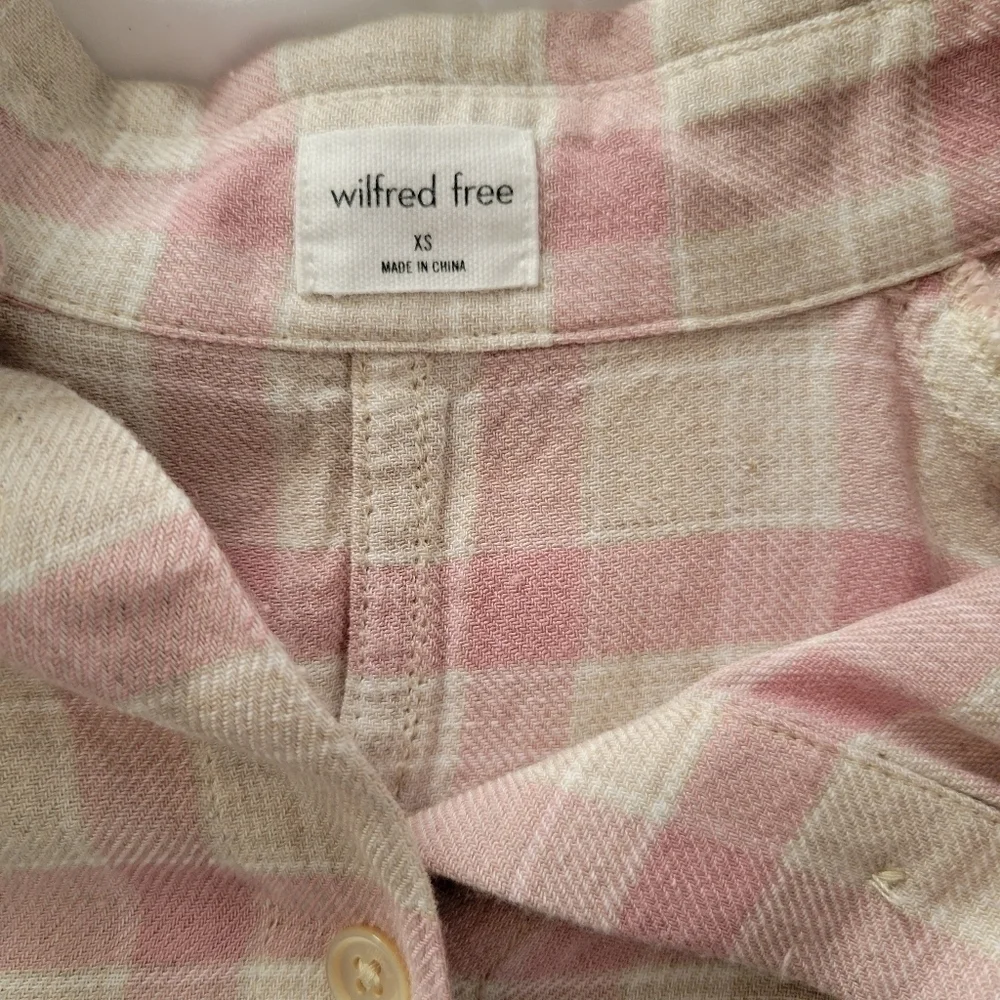 Wilfred Free Boyfriend Buttown Down Shirt in pink and cream plaid
